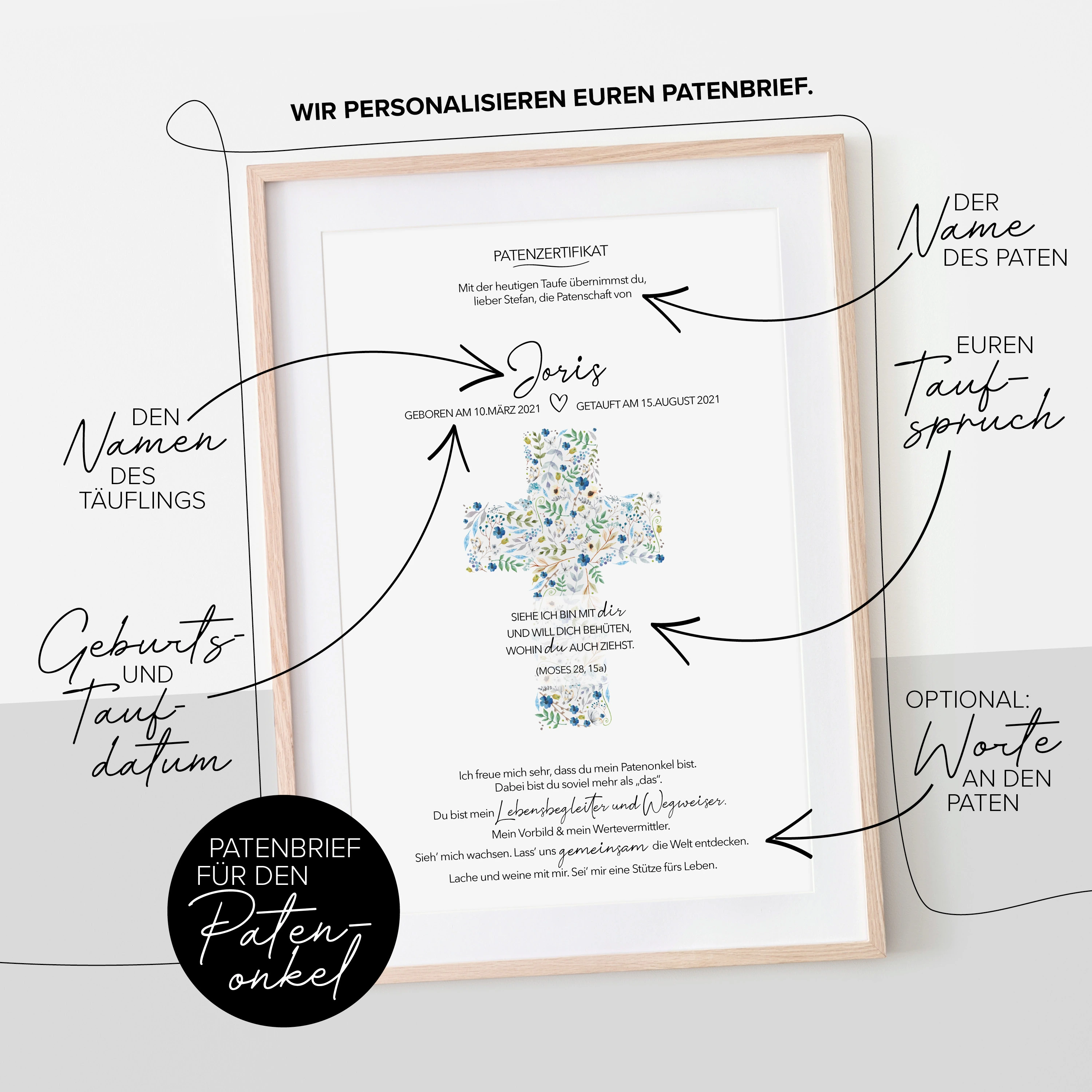 Patenbrief Taufe Kreuz blaue Blumen Joris