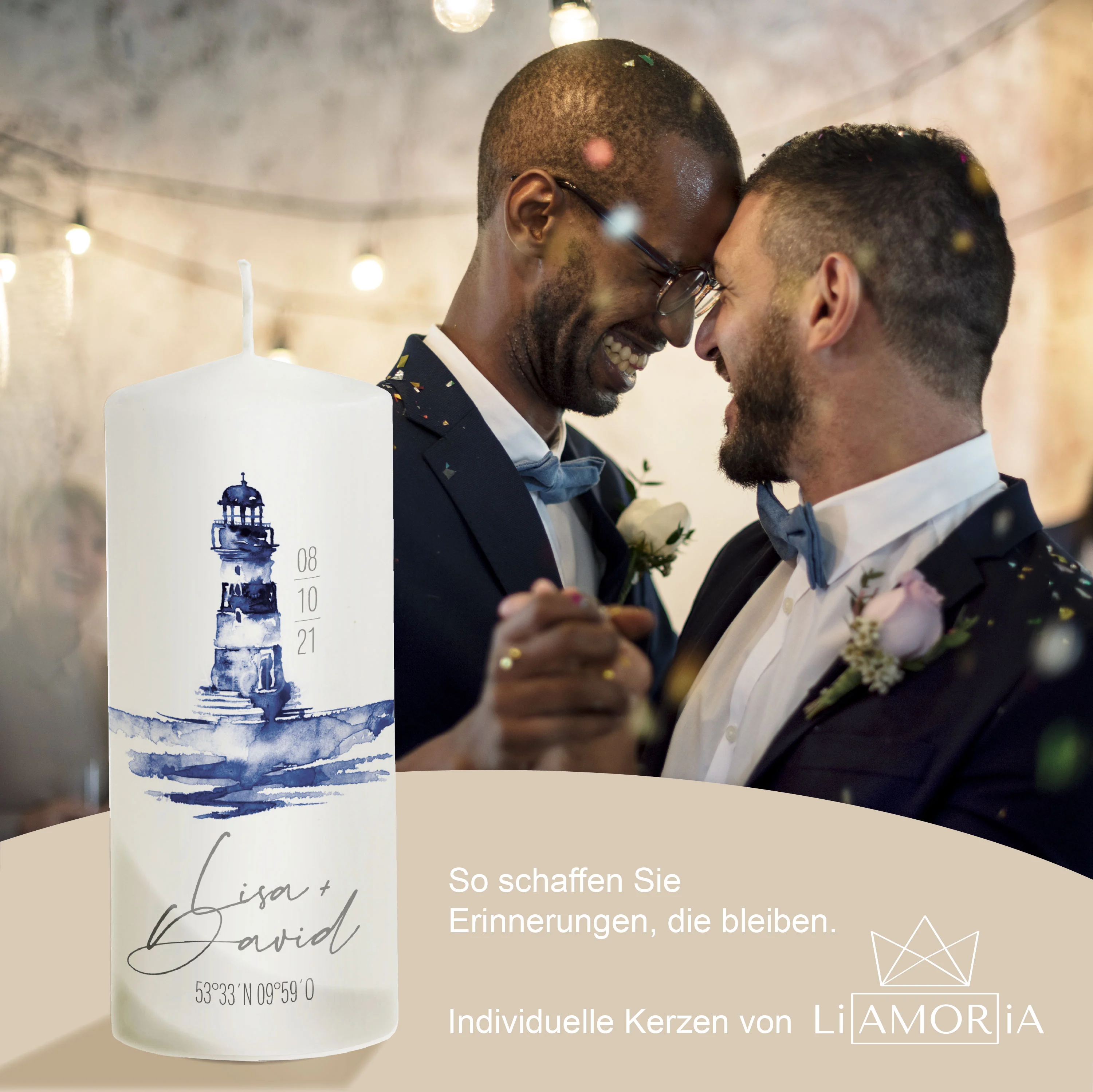 Hochzeitskerze Leuchtturm in blau "Modell David"