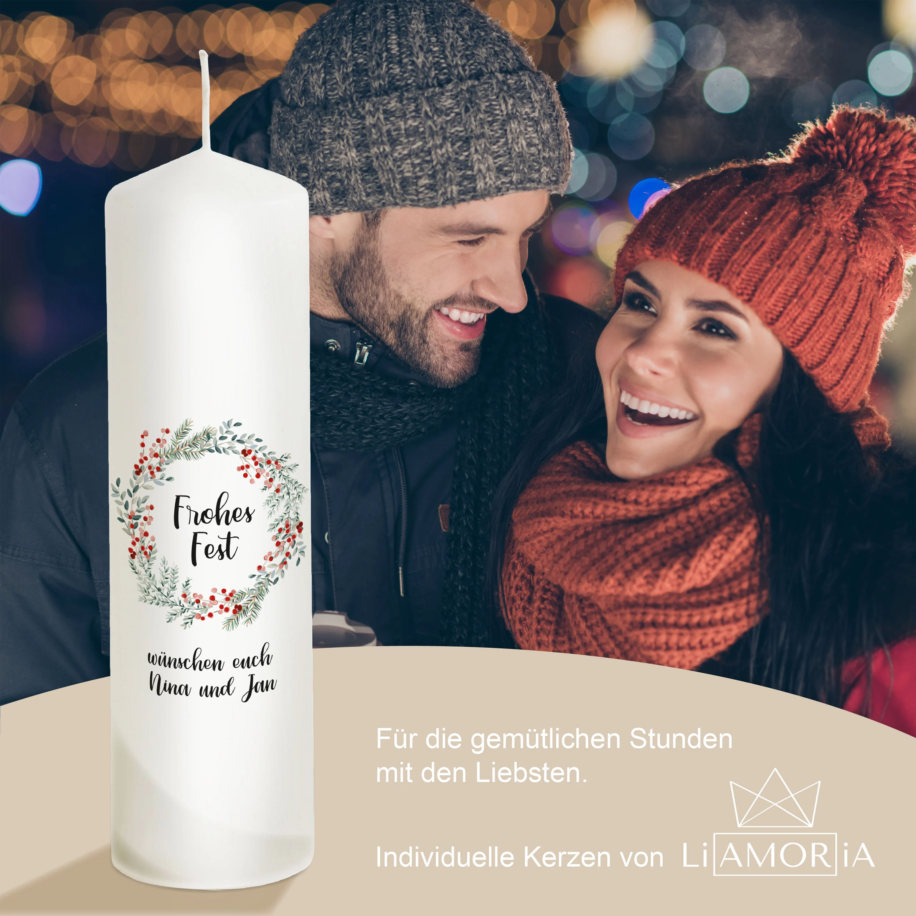 Weihnachtskerze Kranz - personalisierbar - "Modell Frohes Fest"